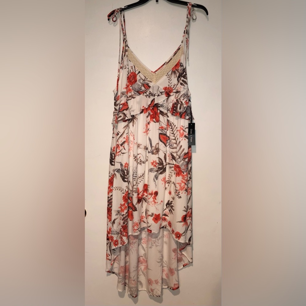 NWT Floral Cream High-Low Fully Lined Sun Dress With Adjustable Shoulder Straps